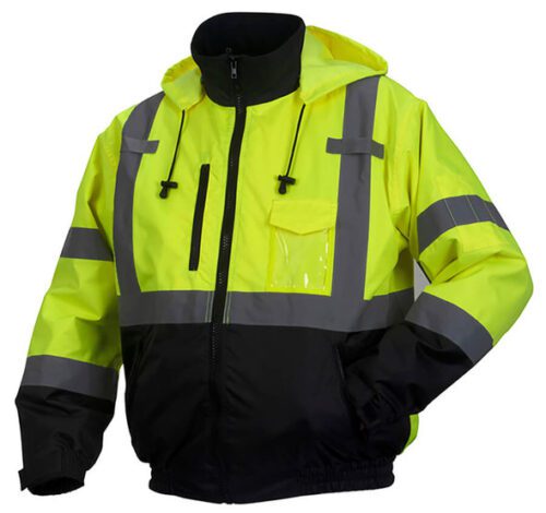Yellow high visibility safety jacket with reflective stripes.