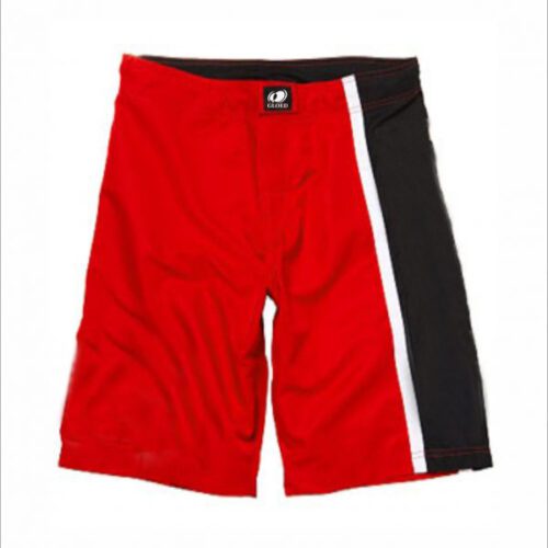 Black and red wrestling fight shorts with school name.