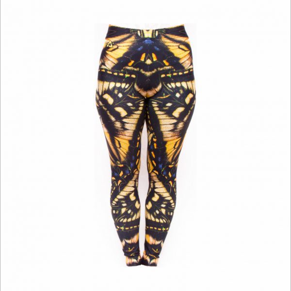 Array of yoga pants with sublimated custom prints and colors.