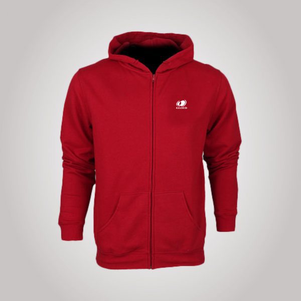 Woman wearing red hoodie with white brand logo printed on front pocket.