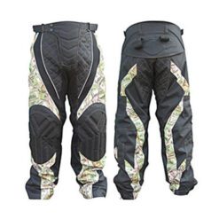 Youth paintball pants with black knee pads and camo print.