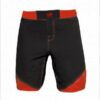 Black and red fighting shorts with white logo.