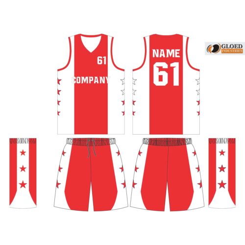 Custom black basketball jersey with red and white trim. Large logo prominently displayed on front of uniform