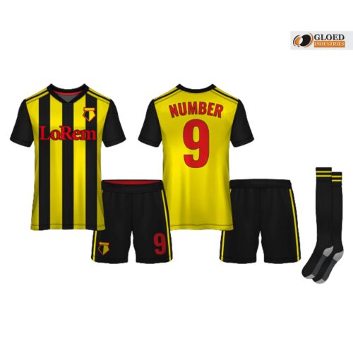 Yellow soccer uniform with black accents labeled on sale.