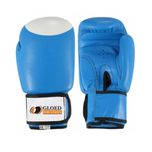 Customizing blue boxing gloves with white logo design.
